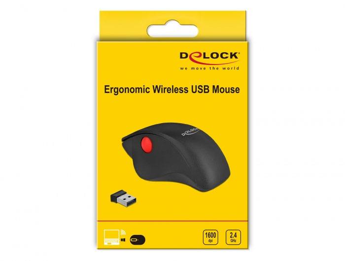 Delock 12598 Ergonomische Maus USB 4 Tasten 1600 dpi USB-Anschluss