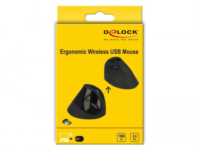 Delock 12599 Ergonomische Maus USB Schwarz 4 Tasten 1600 dpi