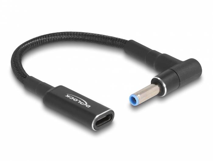 Ein schwarzer Adapterkabel mit einem USB-C-Anschluss auf der einen Seite und einem runden Stecker auf der anderen Seite.
