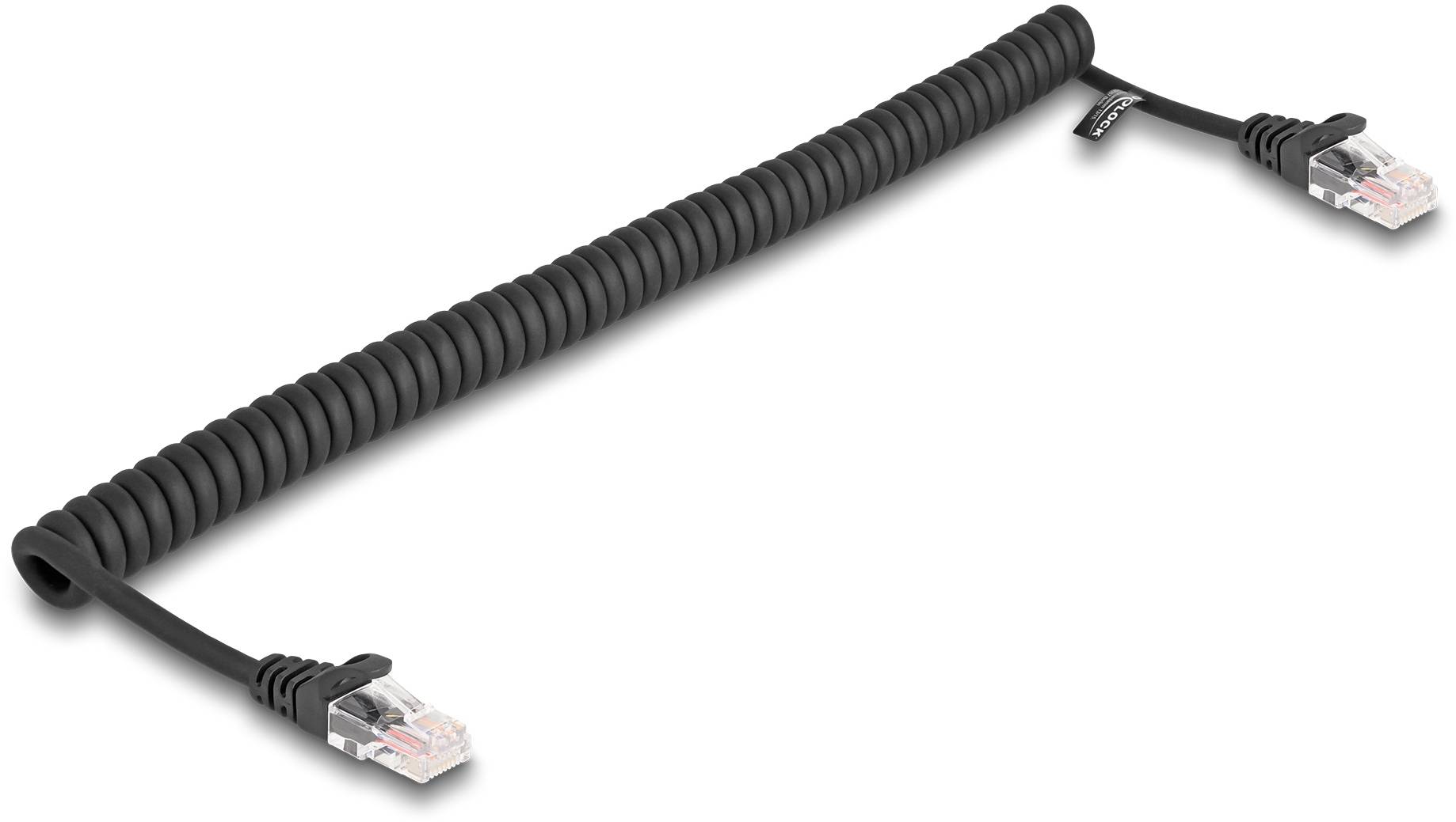 Koaxiales Kabel mit zwei RJ45-Steckern an den Enden, aufgerollt in spiralförmiger Form. Ideal für Netzwerkverbindungen.