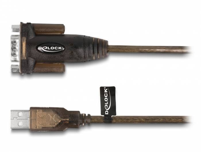 Delock Kabeladapter: Obere Ansicht zeigt einen seriellen Stecker, untere Ansicht einen USB-Stecker mit Delock-Logo.