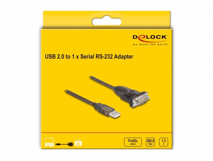 Gelbe Verpackung eines 'USB 2.0 zu 1 x Seriell RS-232 Adapter' von Delock. Zeigt ein USB-Kabel und einen seriellen Anschluss.