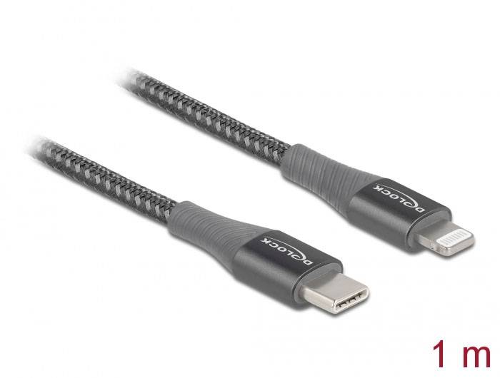 Ein 1 Meter langes geflochtenes Kabel mit USB-C- und Lightning-Stecker, geeignet zum Laden und Synchronisieren von Geräten.