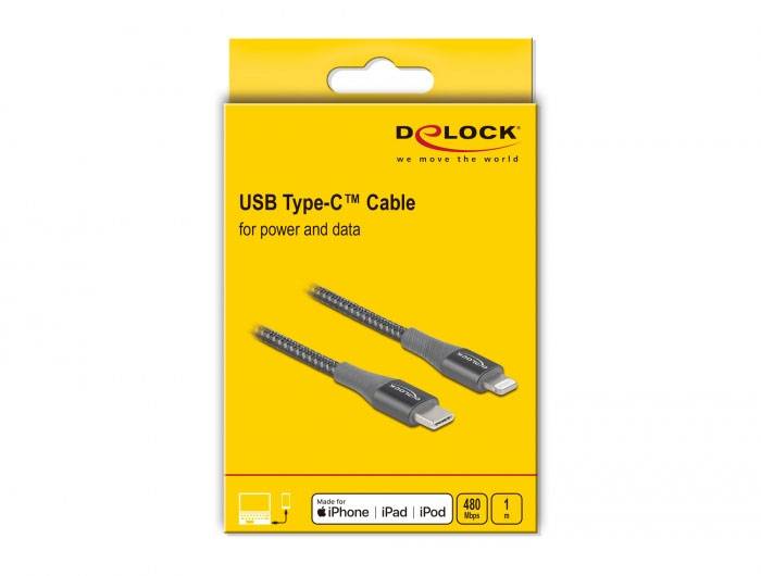 Gelbe Verpackung eines USB Type-C Kabels von Delock, geeignet für iPhone, iPad, iPod. Aufschrift: 'for power and data', 480 Mbps.