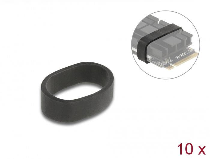 Gummiband für die Befestigung von Kühlkörpern auf Platinen, 10er-Pack. Zeigt Anwendung auf Speicherchip in kleiner Abbildung.