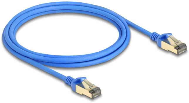 Ein blaues Ethernet-Kabel mit Steckern an beiden Enden, aufgerollt dargestellt.