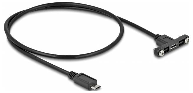 Schwarzes USB-Kabel mit einem Typ-B-Stecker links und einer Halterung rechts, geeignet zur festen Montage von Geräten.