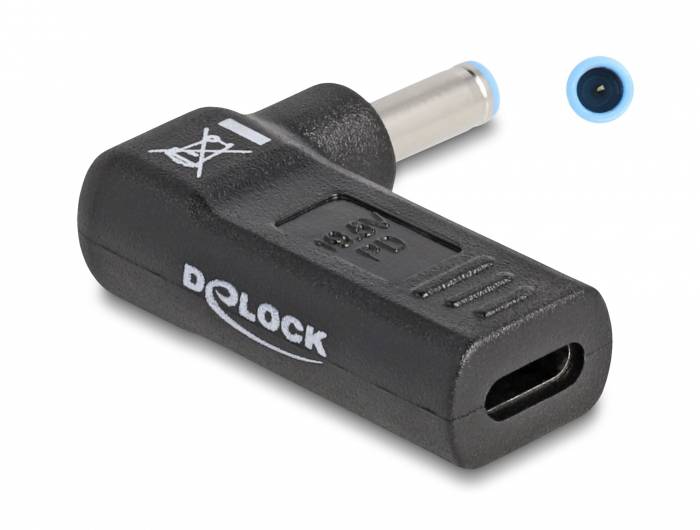 Schwarzer Adapter von Delock mit USB-C und Rundstecker. Eignet sich zum Anschließen von Geräten mit unterschiedlichem Anschluss.