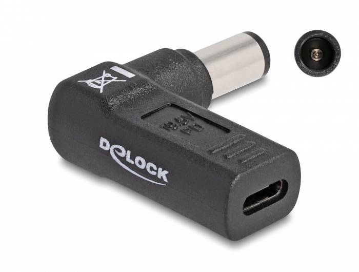 Adapter von Delock: Winkeladapter mit USB-C-Buchse und Hohlstecker für Stromversorgung. Geeignet zur Umwandlung von Anschlussformaten.