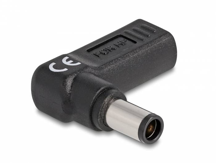 Schwarzer 90-Grad-DC-Steckeradapter mit silbernem Kontakt. Geeignet für elektronische Geräte.