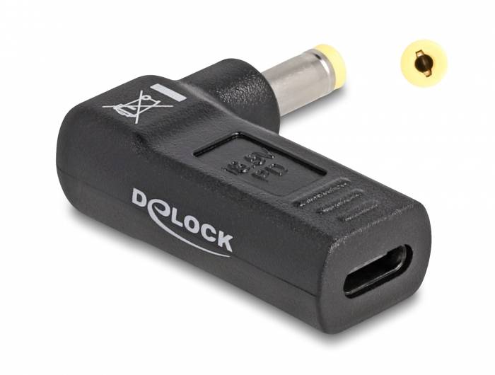 Schwarzer USB-C auf DC-Adapter mit rundem Stecker und DELock-Logo, zum Verbinden von Geräten mit unterschiedlichen Anschlüssen.