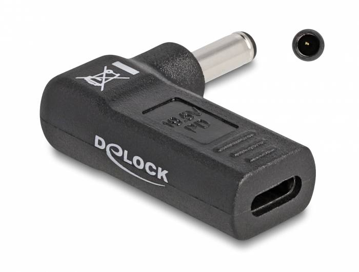 Adapter für Steckverbindungen von Delock, schwarz, USB-C zu Hohlstecker, 5,5 mm Durchmesser, ideal für Stromversorgung.