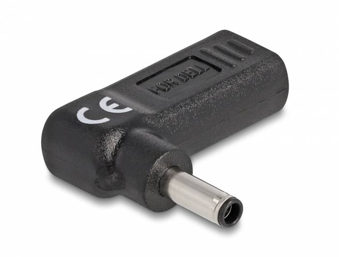 Schwarzer Netzteiladapter mit CE-Kennzeichnung, rechteckige Form, und zylindrischem Steckverbinder. Eignet sich für elektronische Geräte.
