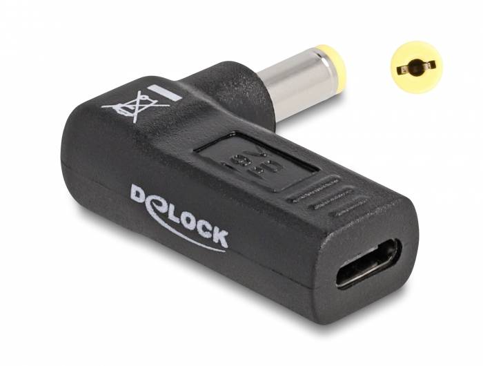 Ein schwarzer Delock Adapter von USB-C auf einen gelben Hohlstecker, oft für Geräteanschluss genutzt.