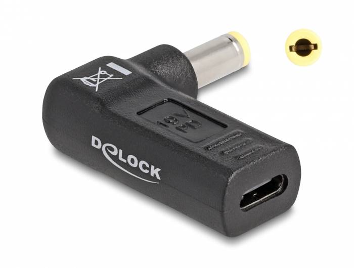 USB-C auf DC 5,5 x 2,5 mm Adapter von Delock, schwarz. Adapter konvertiert USB-C zu Rundstecker, geeignet für Stromversorgung.
