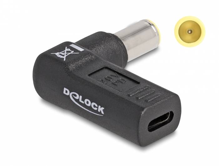 'Delock' Adapter mit USB-C-Buchse und Hohlstecker. Quadratisches Gehäuse, schwarze Farbe, für Stromversorgung. Miniaturansicht des Steckers von oben.