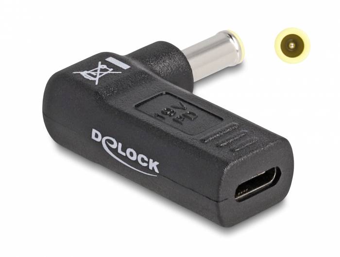 Delock Adapter, Stecker 5,5 x 2,1 mm zu USB Mini-B Buchse, Schwarz, mit Verpackungssymbol.