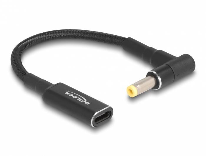 Schwarzes Adapterkabel mit USB-C-Anschluss auf der einen Seite und einem gelben Rundstecker auf der anderen Seite.