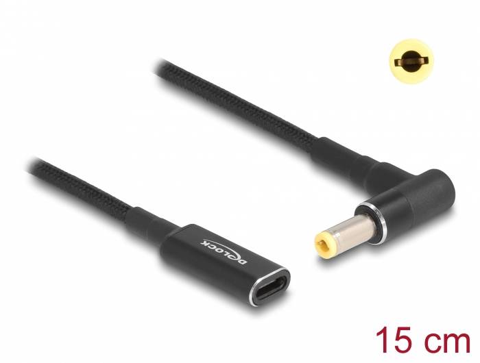 USB-C auf DC-Kabel, 15 cm, schwarzes Nylon ummantelt, mit gewinkeltem Stecker.