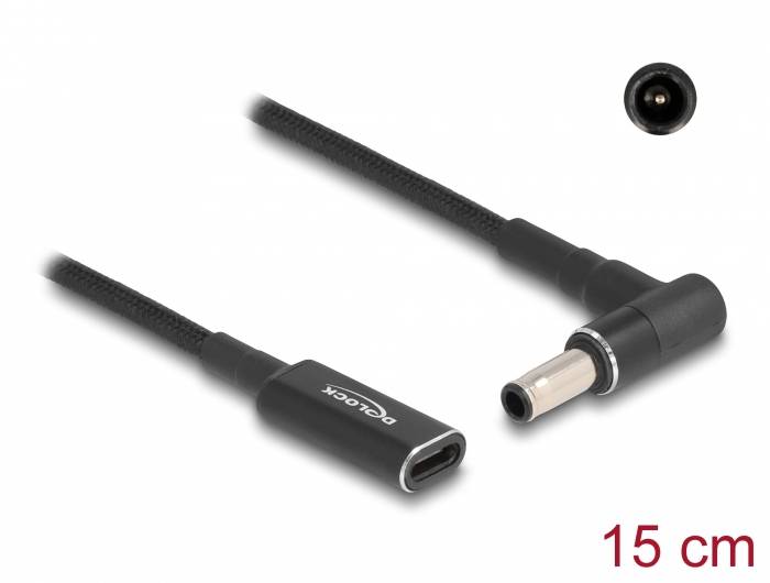 15 cm USB-C auf DC-Kabel von Delock, mit Winkelstecker und schwarzer Ummantelung.