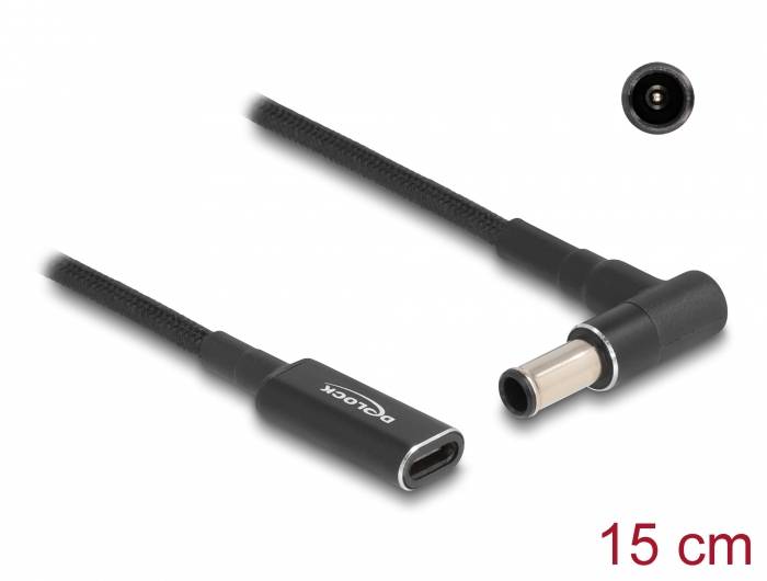 Schwarzes 15 cm langes Adapterkabel von Delock mit USB-C Anschluss auf Hohlstecker, 5,5 x 2,1 mm. Geeignet für elektronische Geräte.