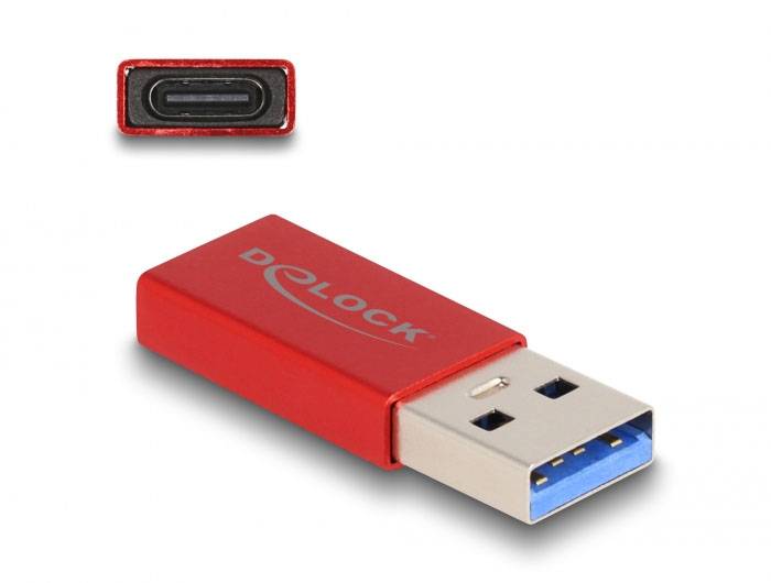 Ein roter USB-C-zu-USB-A-Adapter der Marke Delock, geeignet zum Verbinden von Geräten mit unterschiedlichen USB-Anschlüssen.
