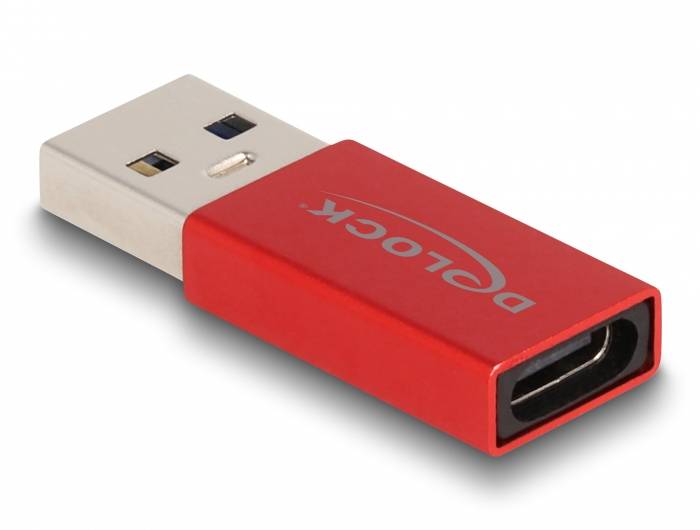 Ein roter USB-C-Adapter mit dem Markennamen 'Delock'. Der Adapter hat einen Standard-USB-Stecker und eine USB-C-Buchse.