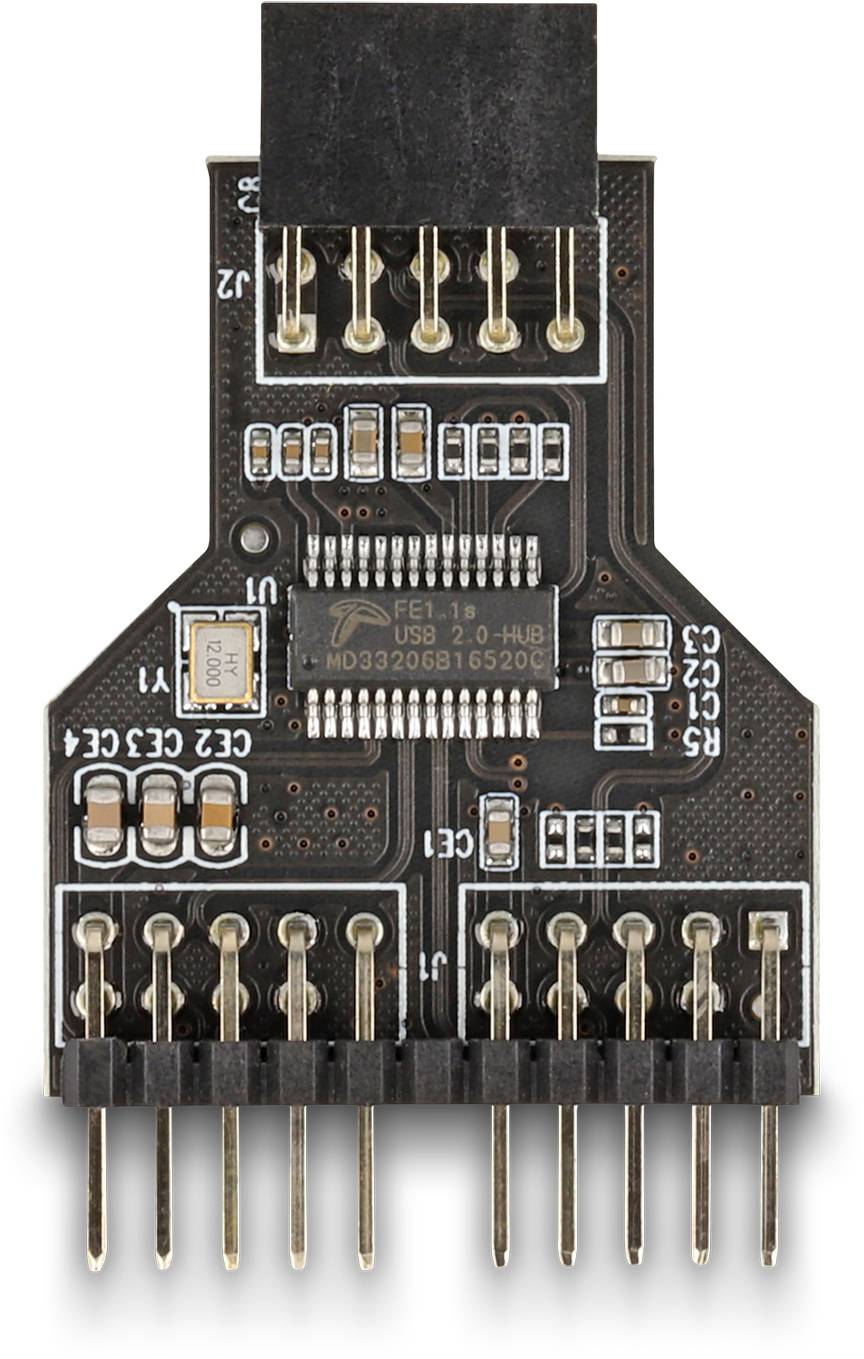 Ein schwarzer USB-Adapter mit mehreren goldenen Pins und Platinenkomponenten. Er dient als Schnittstelle für elektronische Verbindungen.