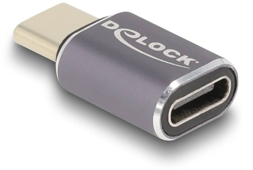 USB-C-Adapter von Delock, metallisches Gehäuse mit schwarzer Oberfläche. Eignet sich zum Umwandeln von USB-C auf anderen Anschluss.