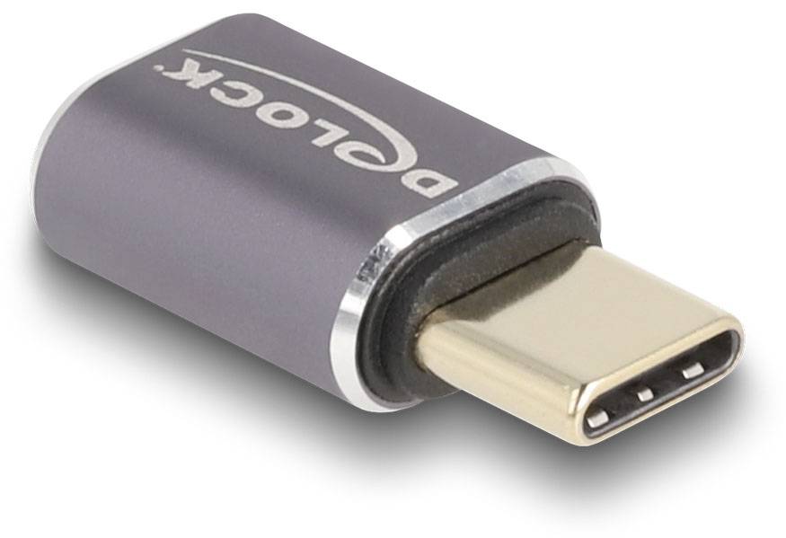 Ein USB-C-Adapter von Delock in Nahaufnahme. Der Adapter hat ein kompaktes Design mit einem silbernen Metallgehäuse und einem USB-C-Anschluss.
