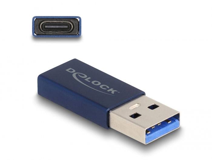 Adapter mit USB-A- und USB-C-Anschluss. Marke 'DELOCK'. Blauer Körper mit silbernen Steckerenden. Verbindet alte Geräte mit neuen USB-C-Anschlüssen.