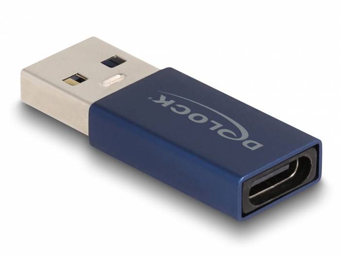 USB-Adapter von Typ-A zu Typ-C in blauem Gehäuse, perspektivische Ansicht von oben. Bewirkt Anschlusskompatibilität zwischen USB-Typen.