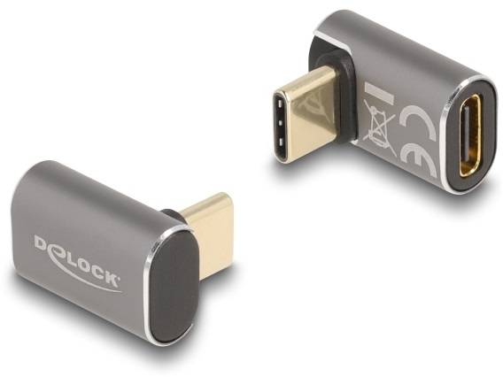 Zwei USB-C-Adapter in dunklem Gehäuse, einer mit USB-C- und einer mit Micro-USB-Anschluss, jeweils im L-Format gestaltet.