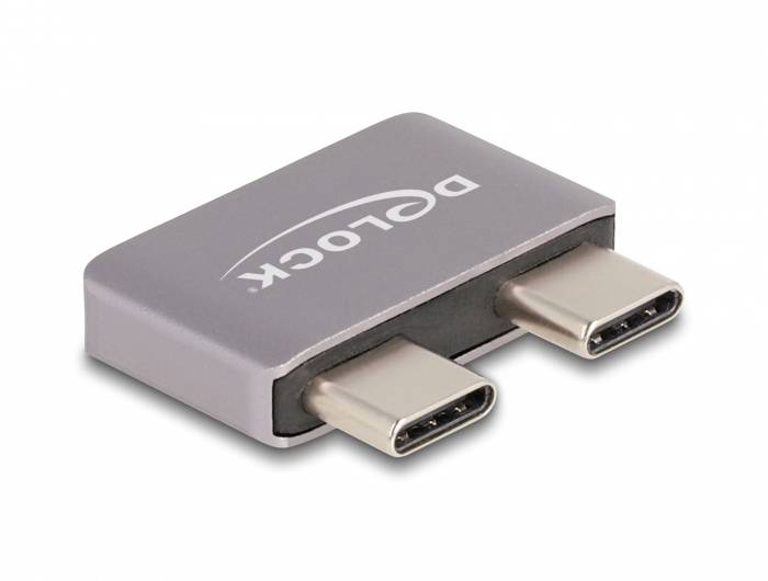 Ein Adapter für zwei USB-C-Stecker, silberfarben, mit aufgedrucktem 'DELOCK'-Logo.