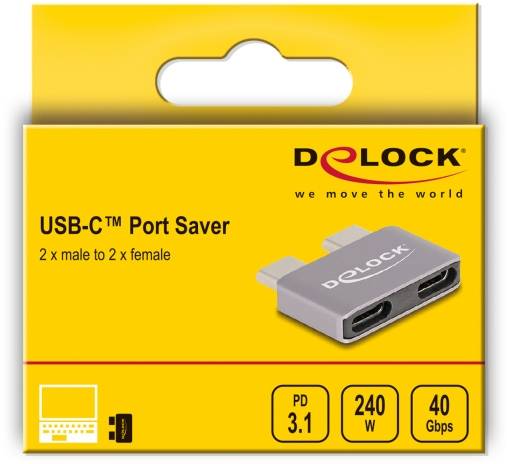 Eine gelbe Verpackung für einen USB-C Port Saver von DeLock. Details: 2x männlich zu 2x weiblich, PD 3.1, 240W, 40 Gbps.