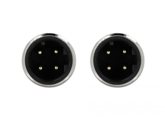 Zwei 4-polige XLR-Stecker, frontal abgebildet. Sie dienen zur Übertragung von Audio- oder Lichtsignalen in professionellen Anwendungen.