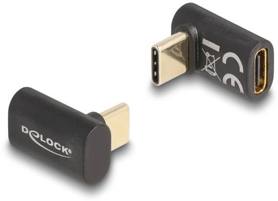 Zwei USB-C-Winkeladapter von Delock, schwarz mit goldenen Anschlüssen, in L-Form gestaltet. Einer zeigt die Steckerseite, der andere die Buchse.