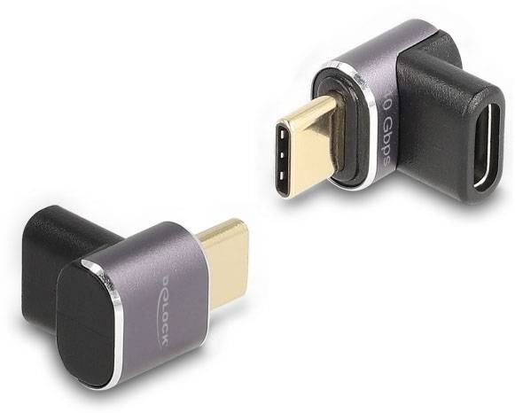 USB-C-Adapter mit Winkelstecker, geeignet für beengte Platzverhältnisse, unterstützt 10 Gbps Datenübertragung.