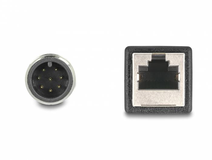 Neunpoliger Rundstecker und quadratische Ethernet-Buchse nebeneinander abgebildet.