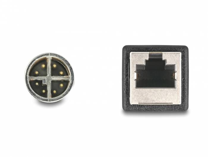 Ein runder PS/2-Stecker links und ein quadratischer RJ-45-Anschluss rechts, beide sind Computerkabelanschlüsse.