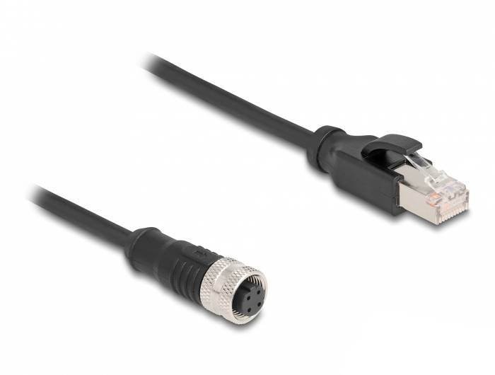 Ein Ethernet-Stecker und ein runder Stecker mit vier Pins an einem Kabel. Geeignet für Industrieanwendungen oder spezielle Netzwerkverbindungen.