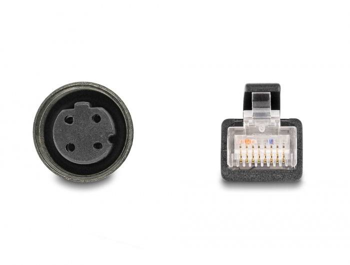 Dieses Bild zeigt einen runden Stecker mit drei Löchern links und einen rechteckigen RJ-Stecker mit mehreren goldenen Kontakten rechts.