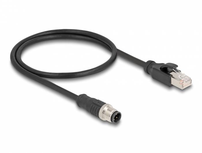 Ein Ethernet-Kabel mit einem 8-poligen RJ45-Stecker auf einer Seite und einem M12-Stecker auf der anderen, geeignet für industrielle Anwendungen.