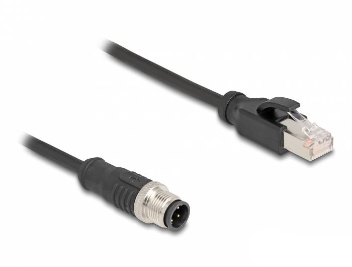 Ein M12-Stecker und ein RJ45-Stecker an den Enden eines schwarzen Netzwerkkabels.