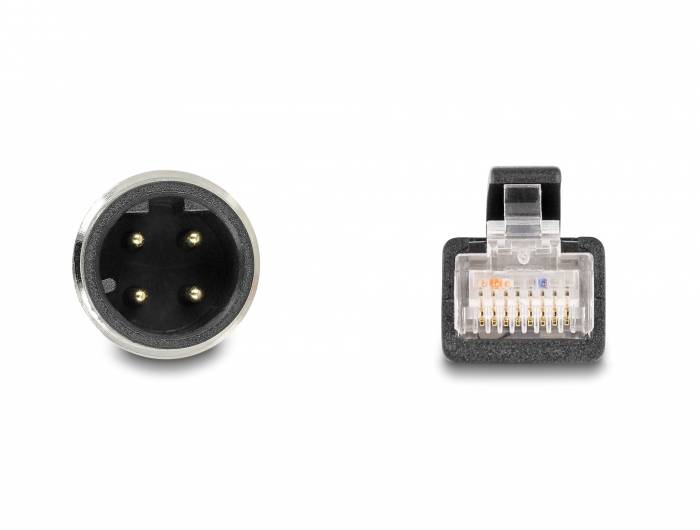 Ein XLR-Stecker mit drei Pins links und ein RJ45-Netzwerkstecker mit acht Kontakten rechts.