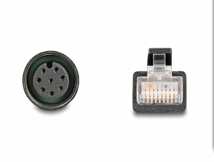 Abgebildet sind zwei Steckertypen: Links ein runder 5-poliger DIN-Stecker, rechts ein transparenter RJ-45-Stecker.