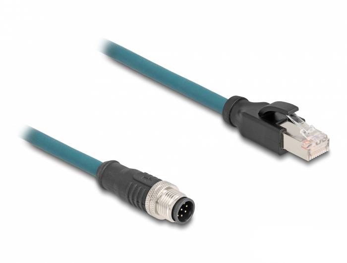Netzwerkkabel mit RJ45-Stecker und rundem 5-poligem Stecker, geeignet für industrielle Anwendungen und Ethernet-Verbindungen.