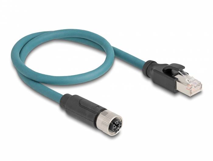 Industrial Ethernet-Kabel mit RJ45-Stecker und M12-Steckverbinder für automatisierte Industrieanwendungen.