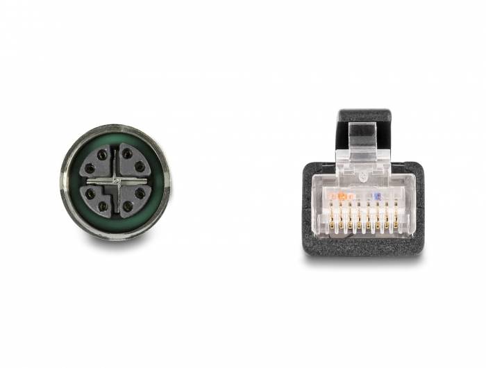 Zwei Stecker: Links ein runder Stecker mit fünf Pins, rechts ein rechteckiger RJ45-Stecker. Beide auf weißem Hintergrund.