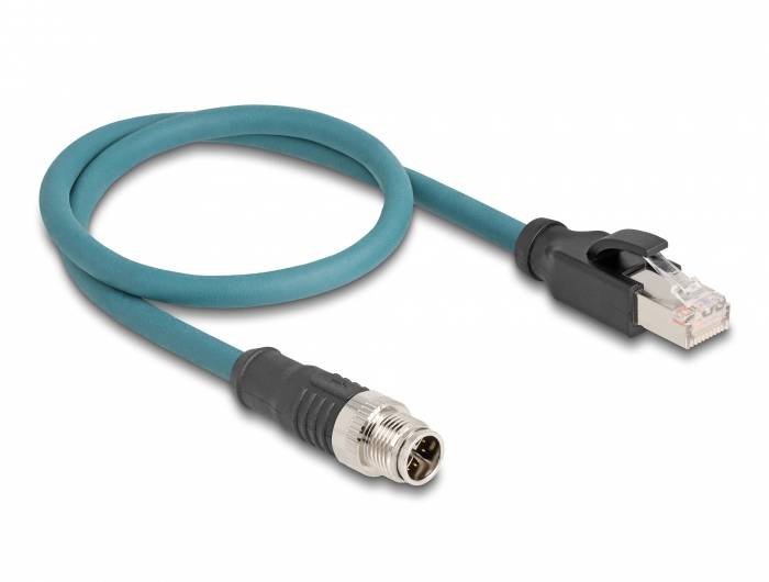Ein blaues Ethernet-Kabel mit einem RJ45-Stecker auf der einen und einem industriellen M12-Stecker auf der anderen Seite.